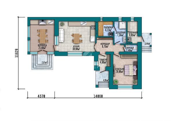 Проект с террасой и фасадом из красного кирпича S2-106 (523-106-1)