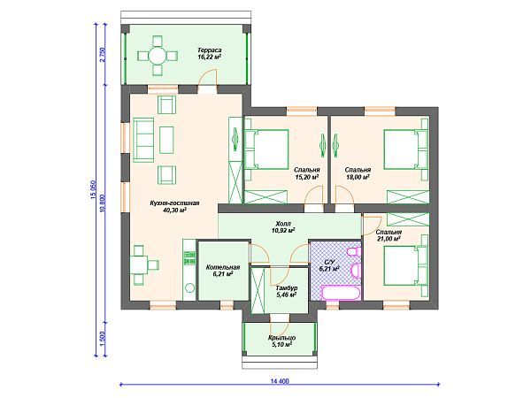 Проект одноэтажного дома с 3 спальнями, террасой и котельной S4-145 (К-213)