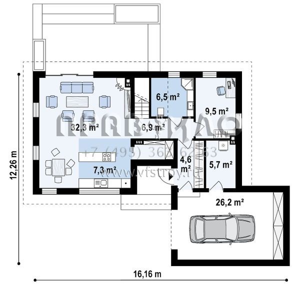 Проект мансардного коттеджа с пристроенным гаражом на один автомобиль S3-179-6 (Z370)