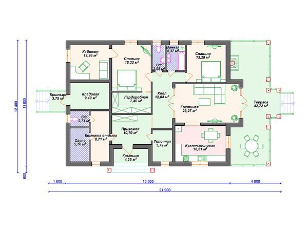 Проект одноэтажного дома с террасой S4-203 (К-306)