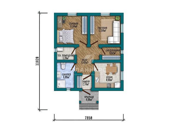 Проект с двухскатной крышей и кирпичным фасадом S2-56 (488-56-1)