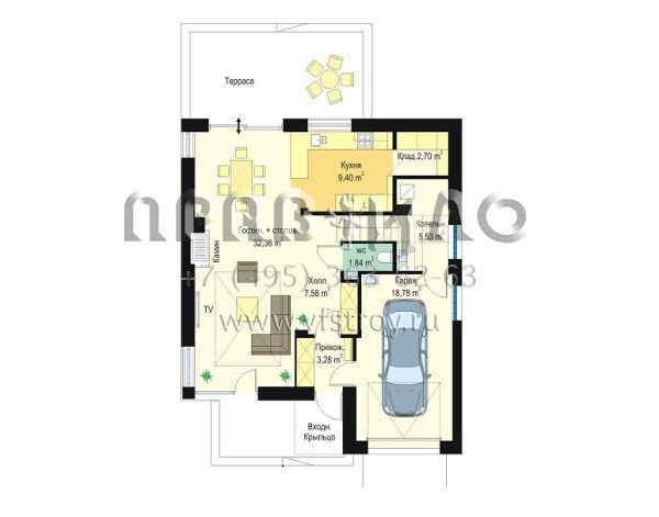 Проект дома из керамоблоков с окнами в пол S8-206-2 (Титан)