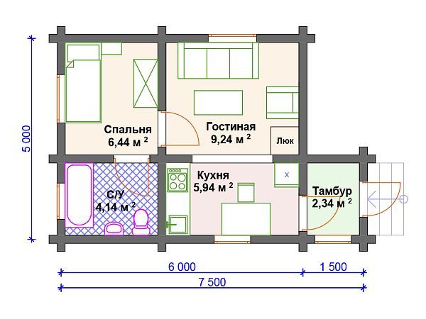Проект деревянного дома из бревна 5 на 7 м S4-44 (ДО-016)