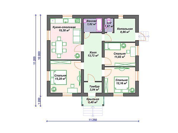 Проект простого одноэтажного дома с 3 спальнями и котельной S4-91 (К-111)