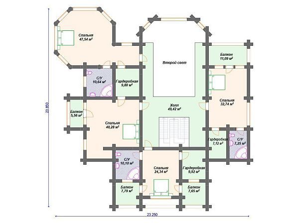 Проект деревянного дома из бревна 23 на 23 м с мансардой S4-759 (ДО-066)