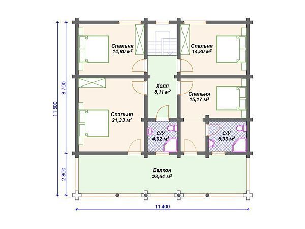Проект деревянного дома из бревна 11 на 11 м с мансардой S4-229 (ДО-139)