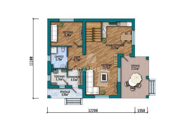 Проект с мансардой, террасой и двухскатной крышей S2-194 (453-194-1М)