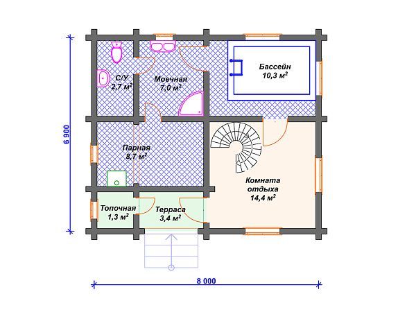 Проект деревянной бани с бассейном SB4-95 (Б-003)