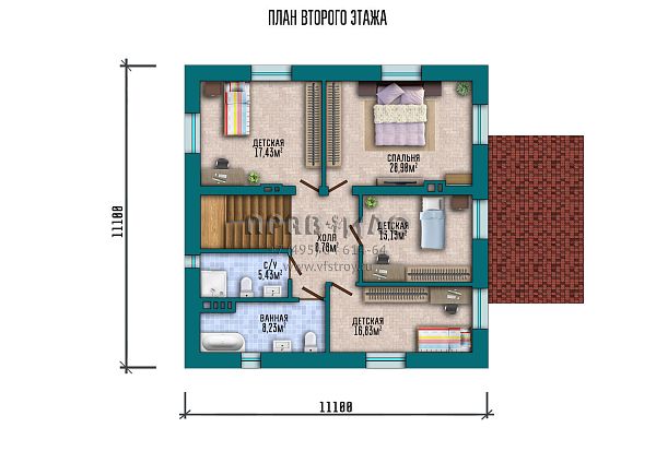 Проект квадратного двухэтажного дома с вальмовой кровлей, четырьмя спальнями и двумя санузлами на втором этаже S2-180 (164-180-2)