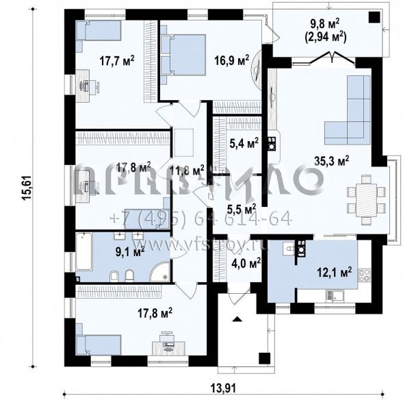 Проект одноэтажного коттеджа с четырьмя спальнями S3-153-3 (Z200 BG)
