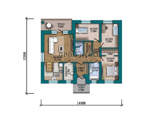 Проект квадратного одноэтажного дома с большой совмещенной кухней-гостиной S2-121 (324-121-1)