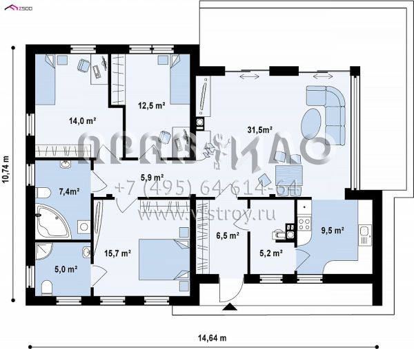 Проект одноэтажного дома с большой гостиной и тремя спальными комнатами S3-113-2 (Z415)