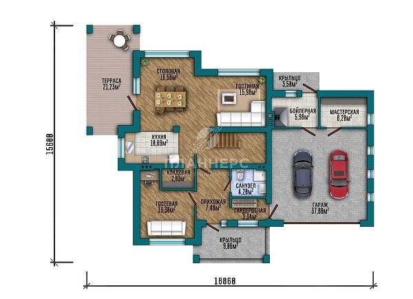 Проект в стиле хай-тек с плоской кровлей и гаражом на 2 автомобиля S2-226 (495-226-2Г)