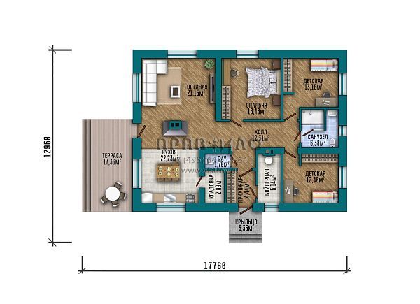 Проект выразительного дома в одном уровне с вальмовой крышей и открытой террасой S2-129 (373-129-1)