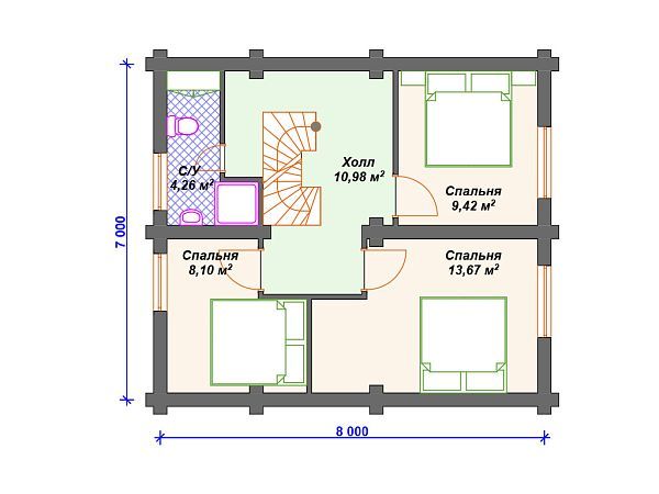 Проект деревянного дома из бревна 8 на 11 м с мансардой8 на 9 м с 3 спальнями и мансардой S4-103 (ДО-024)