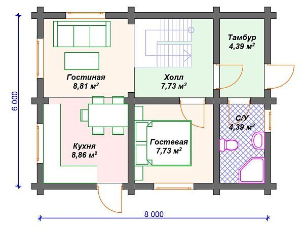 Проект деревянного дома 6 на 8 м с 3 спальнями S4-80 (ДО-057)