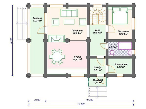Проект деревянного дома из бревна 8 на 12 м с 3 спальнями S4-168 (ДО-052)