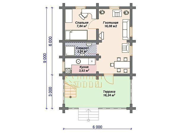 Проект деревянного дома из бревна 6 на 9 м с террасой S4-97 (ДО-096)