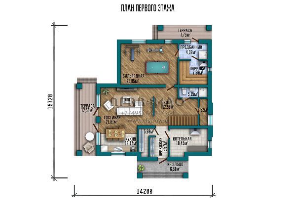 Проект двухэтажного дома с большой зоной отдыха S2-222 (107-222-2)