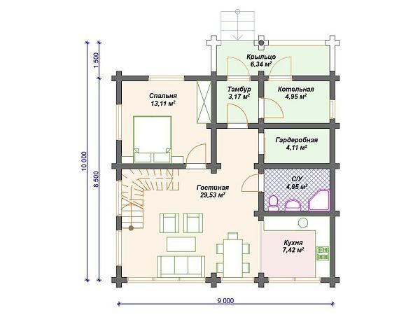 Проект деревянного дома из бревна 9 на 9 м с мансардой S4-138 (ДО-140)