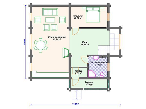 Проект деревянного дома из бревна 9 на 11 м с террасой и мансардой S4-171 (ДО-029)