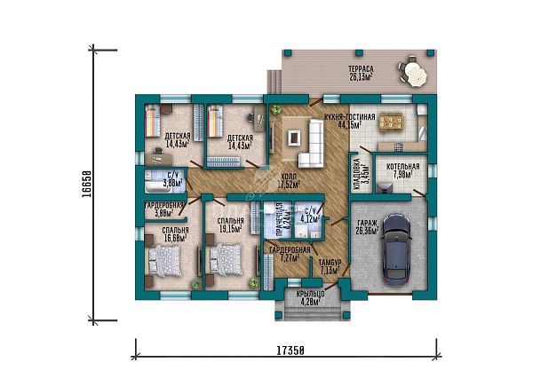 Проект просторного одноэтажного дома с продуманной планировкой и фасадом из кирпича S2-214 (434-214-1Г)