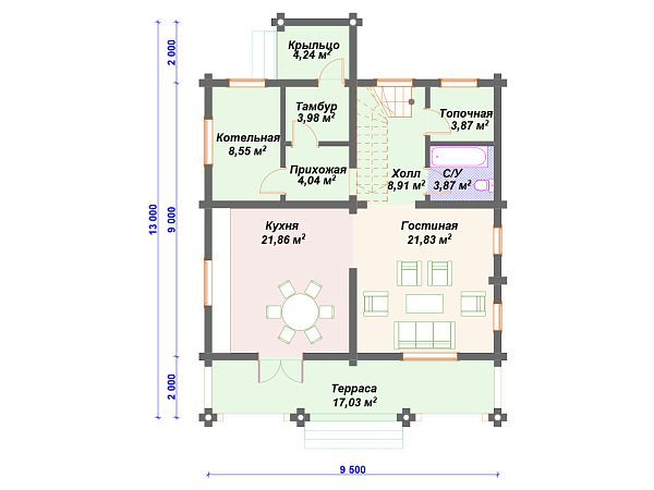 Проект деревянного дома из бревна 9 на 11 м с мансардой и террасой S4-187 (ДО-034)