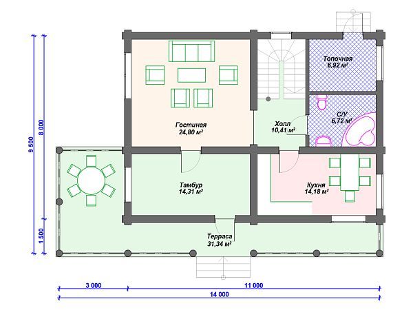 Проект деревянного дома из бревна 8 на 11 м с мансардой S4-183 (ДО-023)
