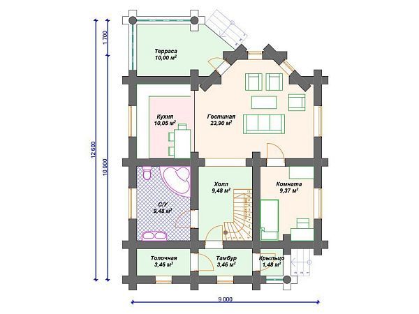 Проект деревянного дома из бревна 9 на 11 м с 3 спальнями S4-136 (ДО-070)
