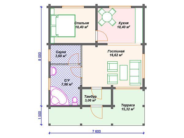 Проект одноэтажного деревянного дома с террасой и сауной S4-67 (ДС-080)