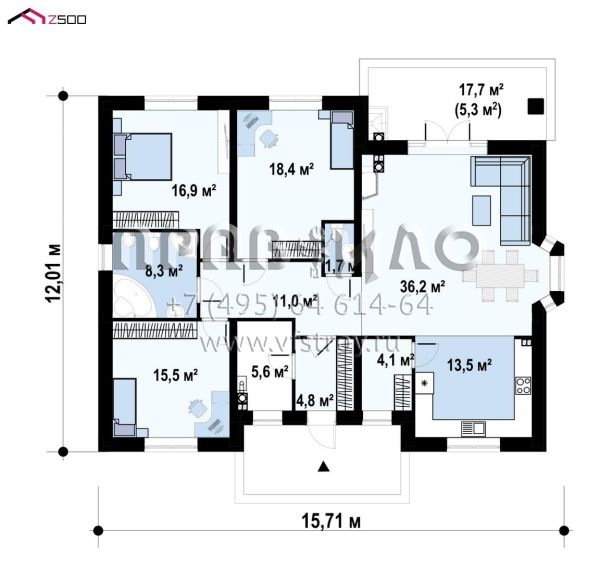 Проект четырехкомнатного одноэтажного дома с просторной гостиной S3-141-6 (z10 s)
