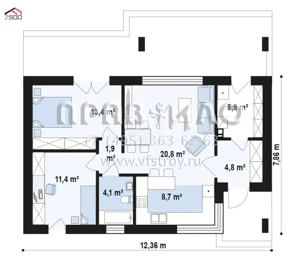 Проект одноэтажного дома с металлической кровлей и спокойной архитектурой фасада S3-71 (Z508)