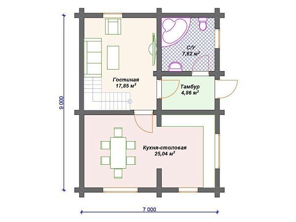 Проект деревянного дома из бревна 7 на 9 м с 3 спальнями S4-108 (ДО-060)
