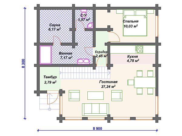 Проект деревянного дома с сауной и вторым светом S4-94 (ДС-032)