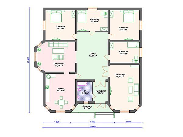 Проект одноэтажного дома с 4 спальнями и эркером S4-252 (К-377)