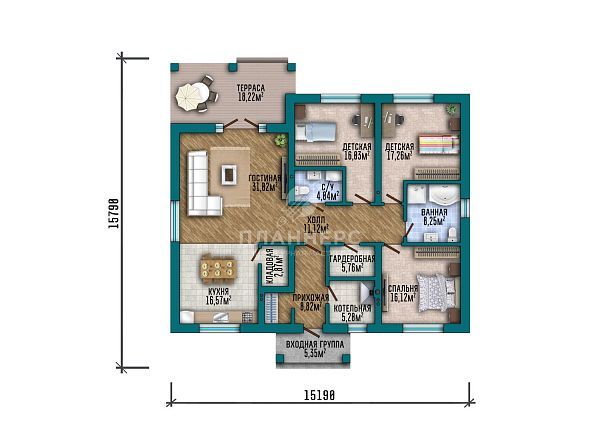 Проект с террасой и фасадом из серого кирпича S2-165 (536-165-1)