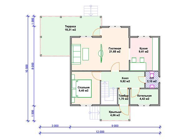 Проект каркасного дома с мансардой и террасой S4-140 (И-068)