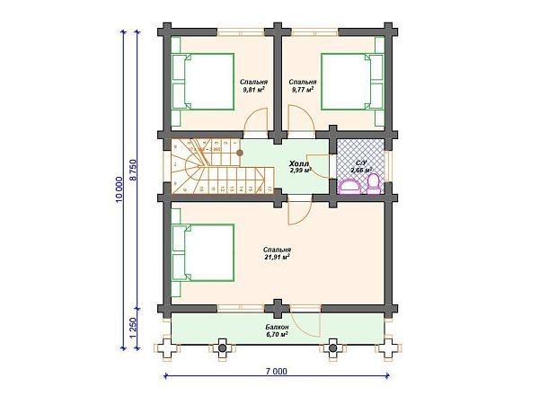 Проект деревянного дома из бревна 7 на 9 м с 3 спальнями S4-117 (ДО-119)