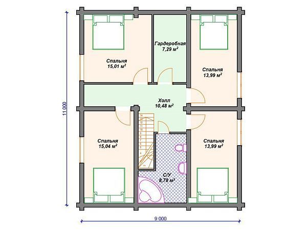 Проект деревянного дома из бревна 9 на 11 м с мансардой S4-200 (ДО-100)