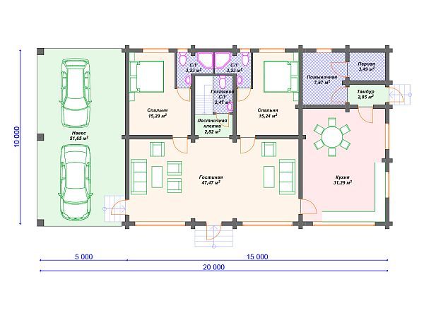 Проект деревянного дома из бревна 10 на 15 с навесом для 2 авто S4-235 (ДО-042)