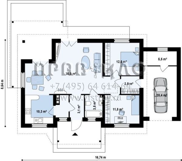 Проект дома для небольшой семьи с пристроенным гаражом S3-105 (Z136 GP)