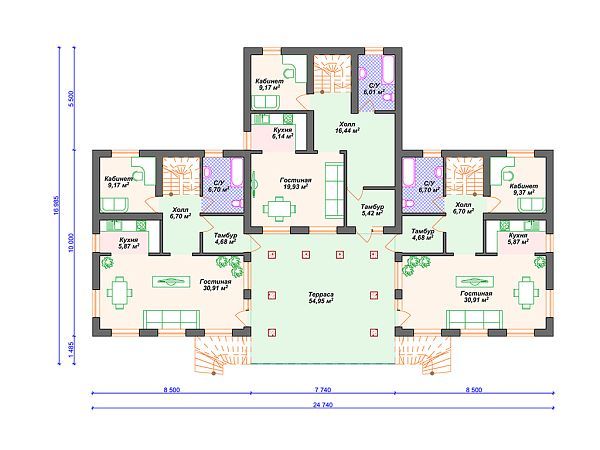 Проект таунхауса на 3 семьи S4-128 (К-310)