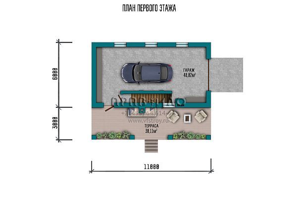 Проект отдельностоящего гаража с подвалом, террасой и мангальной зоной S2-72 (103-72-1ГП)