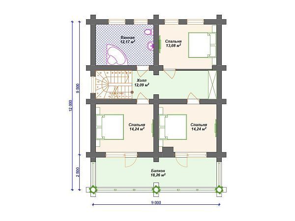 Проект деревянного дома из бревна 9 на 10 м с 3 спальнями и сауной S4-191 (ДО-132)