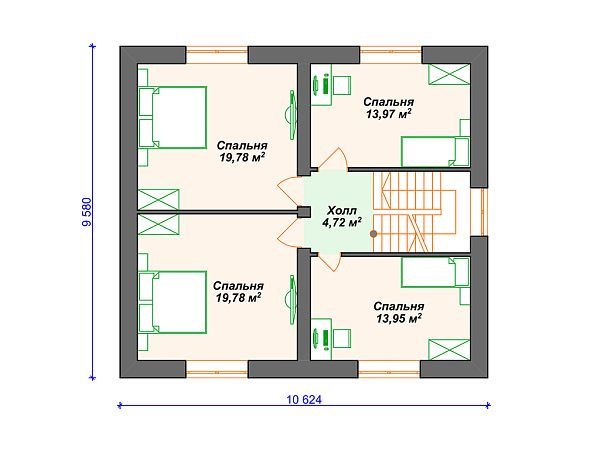 Проект дома с 4 спальнями и гаражом. S4-199 (К-360)