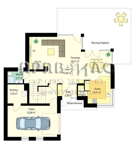 Современный одноэтажный коттедж с жилой мансардой и с пристроенным гаражом S8-198-4 (Викинг 2)
