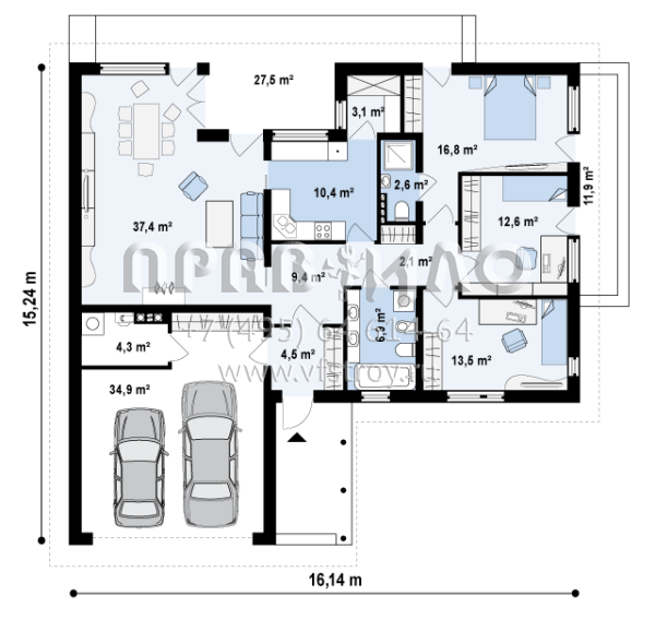 Проект одноэтажного дома с гаражом на две машины  S3-166 (Z144)