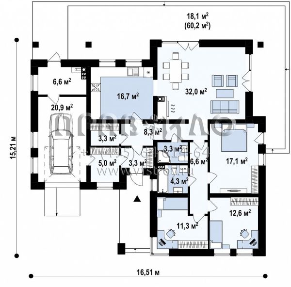 Проект практичного одноэтажного дома с оригинальной планировкой и гаражом S3-169-11 (z204 l v3)