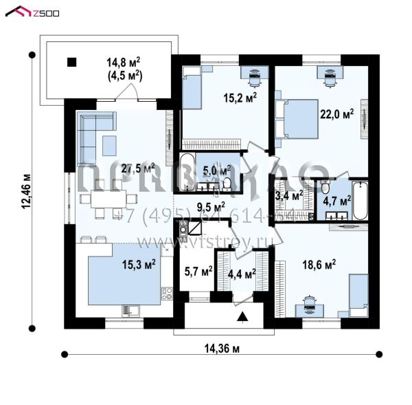 Проект одноэтажного дома с гостиной и тремя комфортабельными спальнями S3-131-4 (z67 A v1)