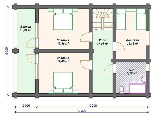Проект деревянного дома из бревна 8 на 12 м с 3 спальнями S4-168 (ДО-052)